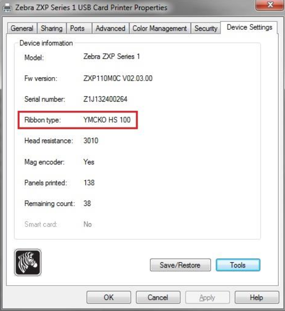 Device Settings tab showing ribbon type