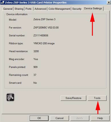 Device Settings tab and Tools button